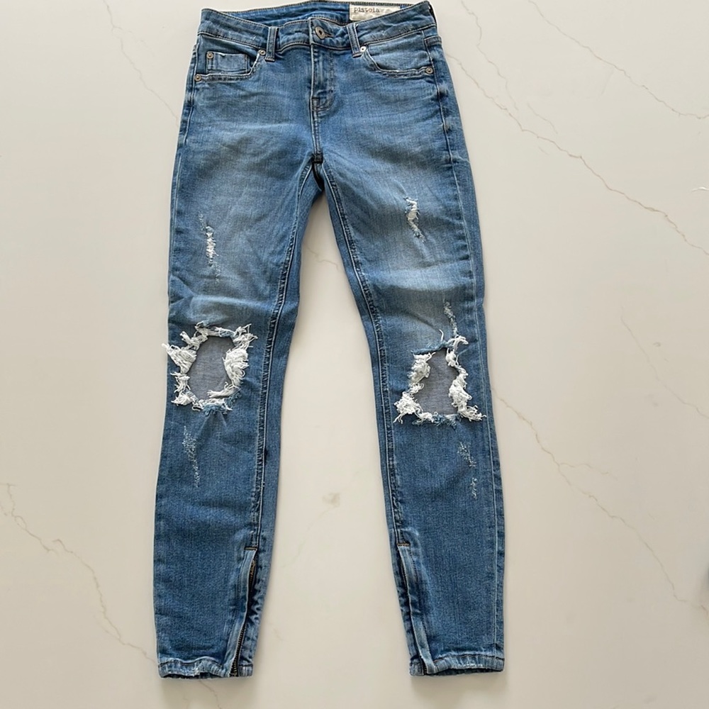 Pistola distressed jeans, size 25 with 8.5” front rise and zippers at ankles.
